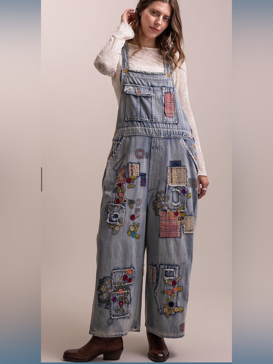 Bluevelvet Pants - Wash Denim Patchwork Women's Wide-Leg Jeans Overalls